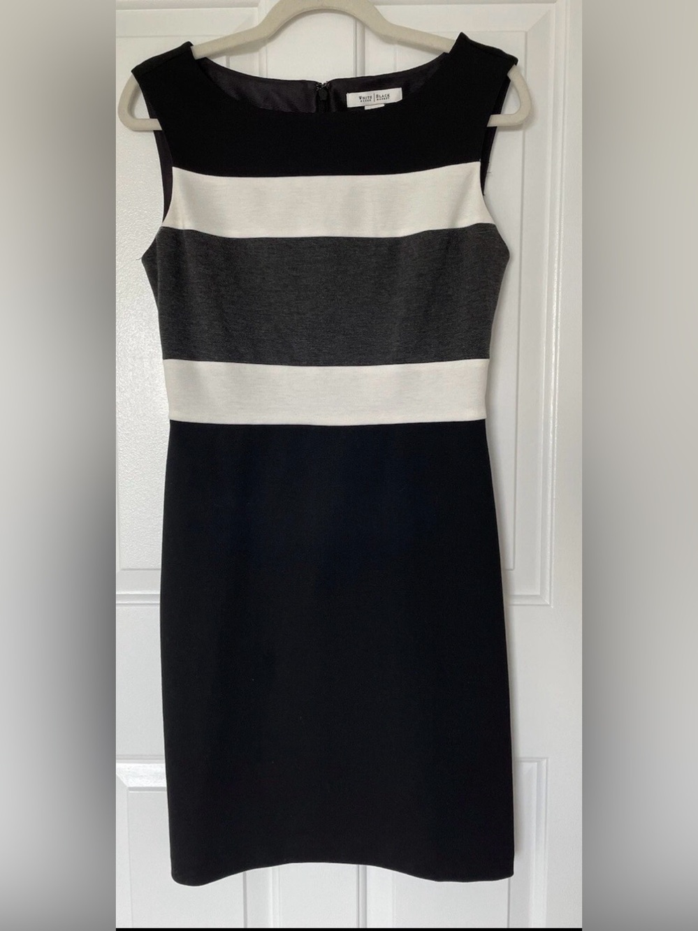 White House Black Market Black, White & Gray Striped Midi Sheath Dress